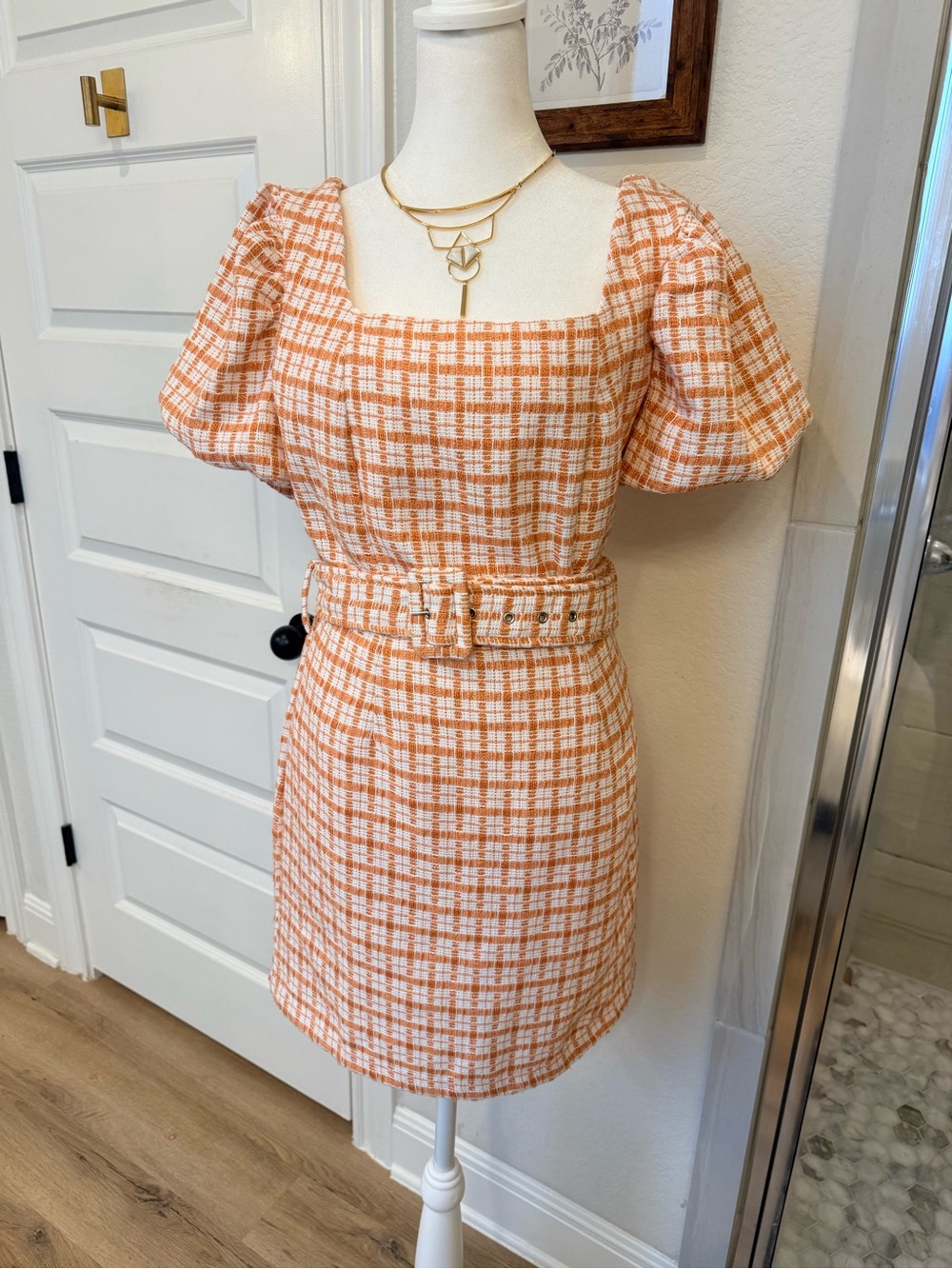 TCEC Orange Tweed Plaid Puff-Sleeve Belted Mini Dress